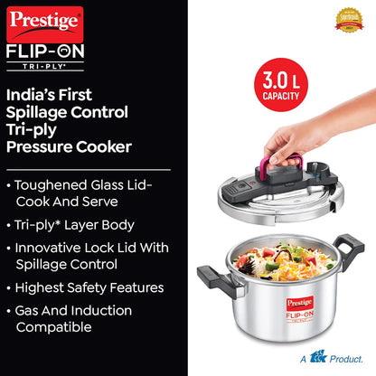 Prestige FLIP-ON TRI-PLY Stainless Steel Pressure Cooker with Glass Lid 18cm (3 Litres, Innovative Lock Lid with Spillage Control) - 20711