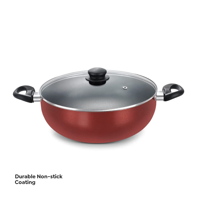 Prestige Omega Deluxe Induction Base Non-Stick Aluminium Deep Kadhai With Glass Lid, Red 300mm | 6 Litres - 36727