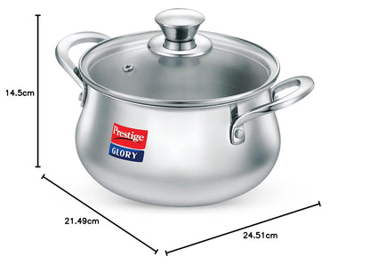 Prestige Glory Stainless Steel Handi (18cms, 3Litres) with Glass Lid | Unique Tri-ply bottom| Oven (OTG safe) - 37523