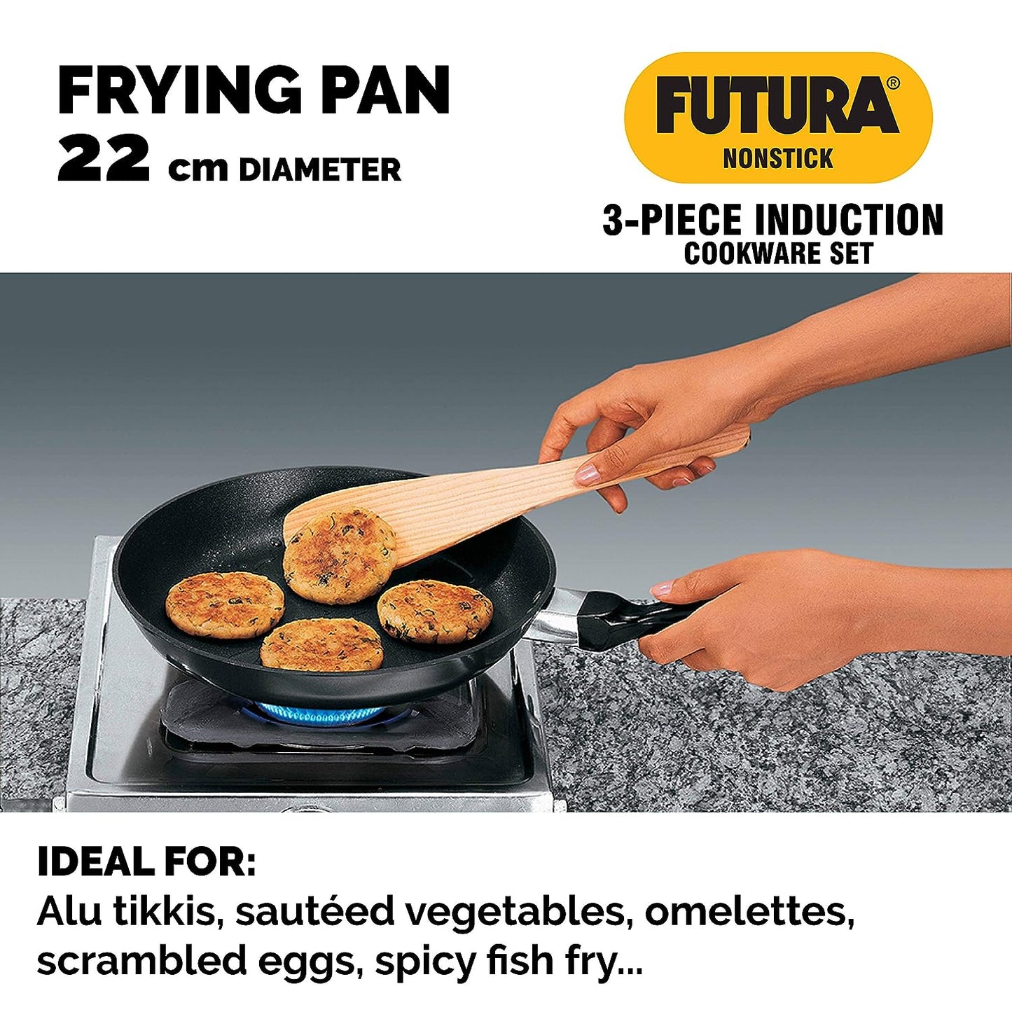 Hawkins Futura 3 Pieces Non Stick Cookware Set 1 - 30cm Flat Tava, 22cm Frying Pan and 2 Litres Curry Pan with One Stainless Steel Lid - NSET1