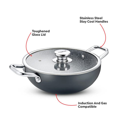 Prestige Durastone Hard Anodised Non-Stick Deep Kadai with Glass Lid | 6 layers extra durable stone finish | No harmful chemicals | Induction compatible | SS Stay cool handles