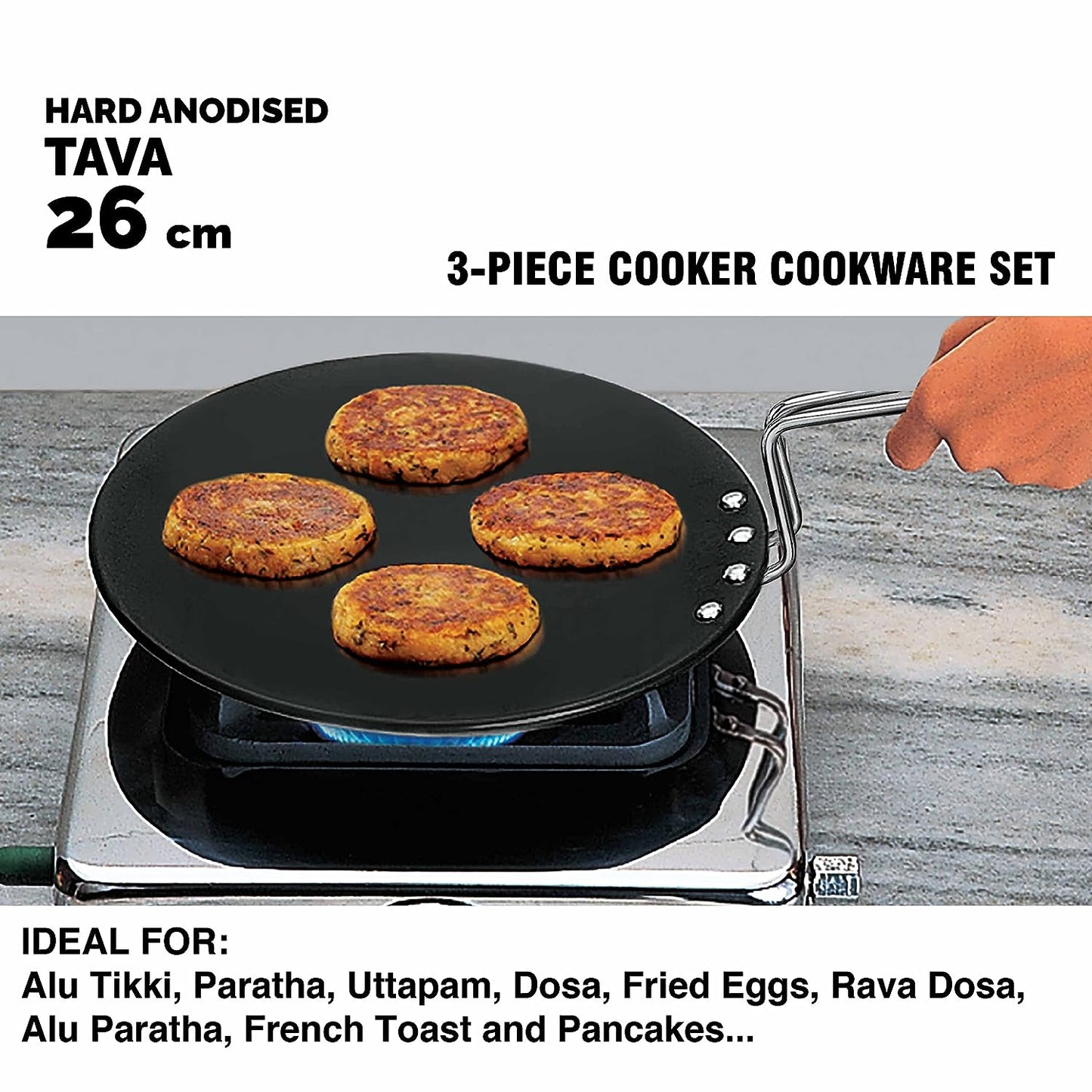 Hawkins Triniti Hard Anodised Aluminium Kitchen Set (26cm Tava, 2.5 Litres Deep-Fry Pan, 3.5 Litres Inner Lid Pressure Cooker) - PCWSET1