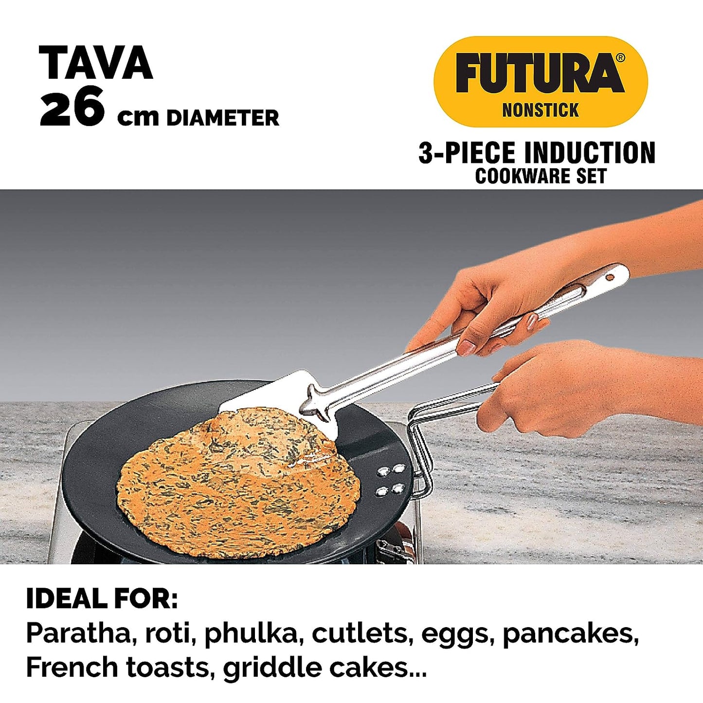 Hawkins Futura 3 Pieces Non Stick Cookware Set No. 2 - 26cm Tava, 26cm Frying Pan and 3.25 Litres Curry Pan with One Stainless Steel Lid - NSET2