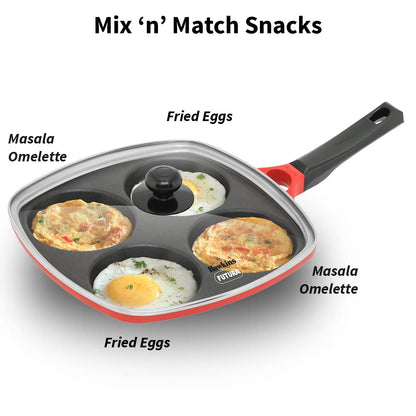 Hawkins Die-Cast Nonstick Multi Snack Pan with Glass Lid, Mini Uttapam Tawa, Pancake Pan, Red 30cms - DCMS 30G