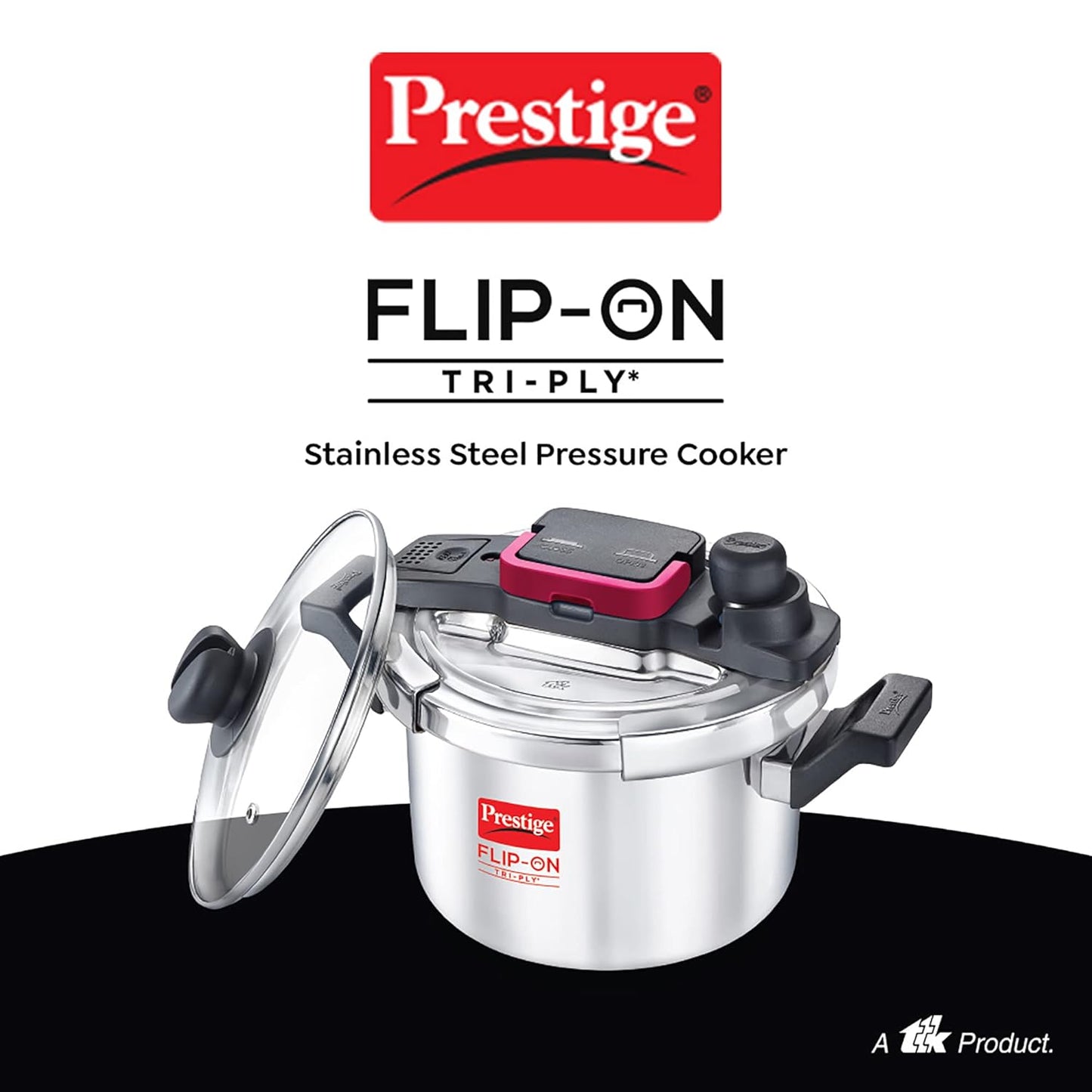 Prestige FLIP-ON TRI-PLY Stainless Steel Pressure Cooker with Glass Lid 18cm (3 Litres, Innovative Lock Lid with Spillage Control) - 20711