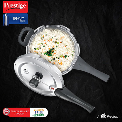 Prestige 3 Litre Svachh Tri-Ply handi pressure cooker Outer Lid | Deep Lid for spillage control | Metallic Safety Plus | 5 years warranty - 20706