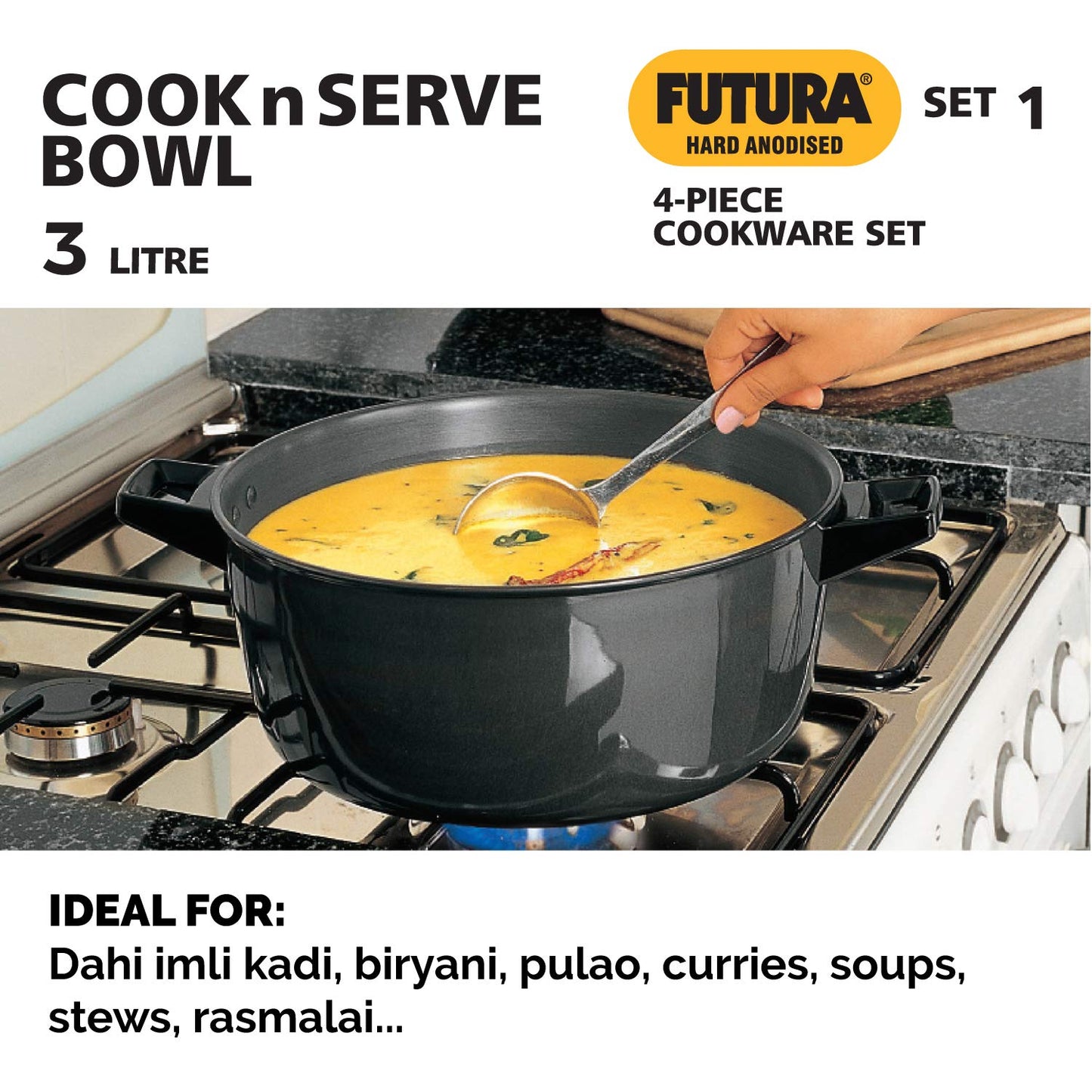 Hawkins Futura 4 Pieces Hard Anodised Cookware Set 1 - 26cm Tava, 22cm Frying Pan, 2.5 Litres Deep Fry Pan and 3 Litres Cook-n-Serve Bowl and One Hard Anodised Lid -ASET1