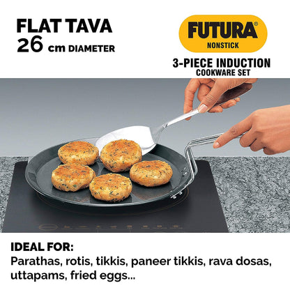 Hawkins Futura 3 Pieces Induction Compatible Nonstick Cookware Set 1 - 26cm Frying Pan, 26cm Flat Tava and 3 Litre Cook-n-Serve Stewpot with One Stainless Steel Lid - INSET1