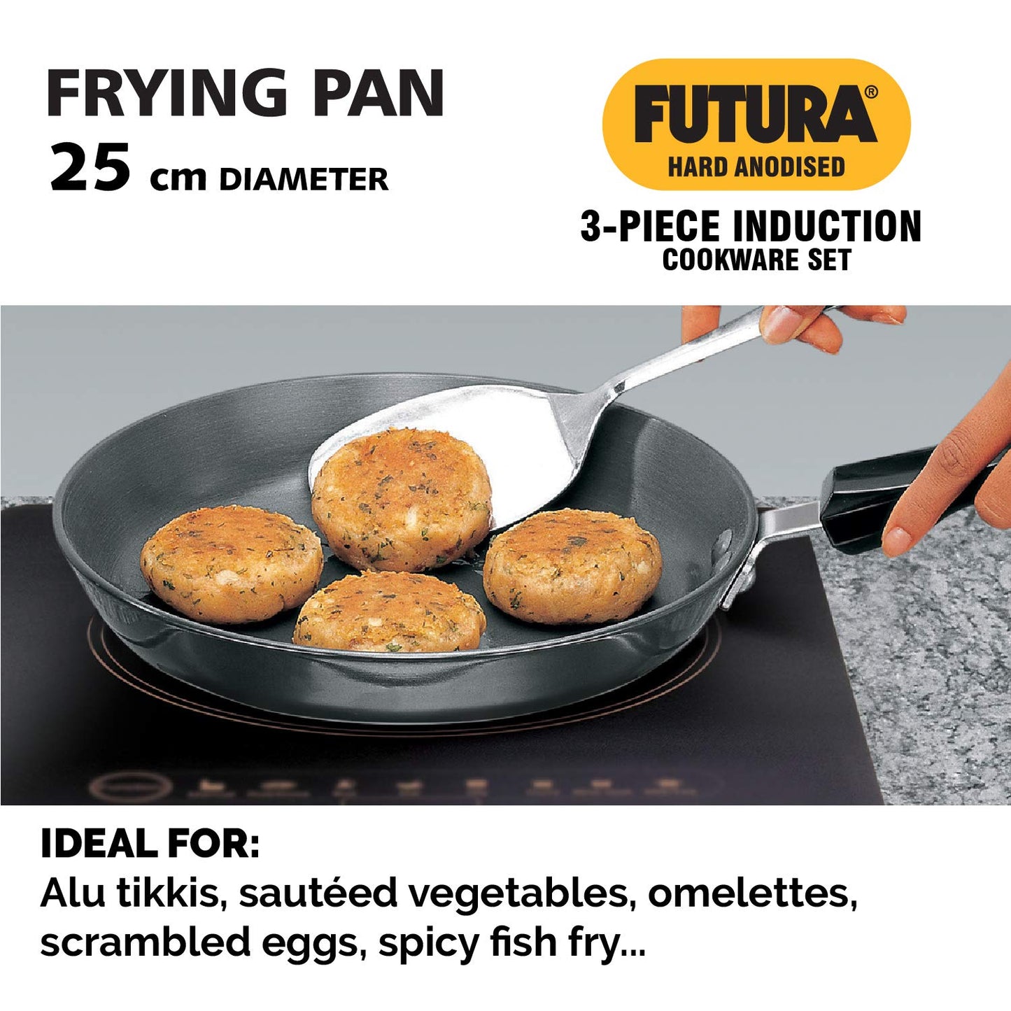 Hawkins Futura 4 Pieces Hard Anodised Induction Compatible Cookware Set 1 - 25cm Frying Pan With SS Lid, 2.5 Litres Deep Fry Pan With SS Lid and 3 Litres Cook-n-Serve Bowl with Hard Anodised Lid- IASET1