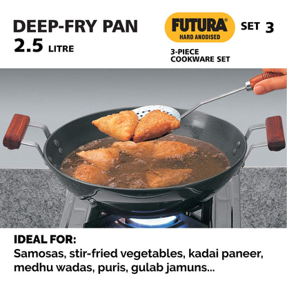 Hawkins Futura 3 Pieces Hard Anodised Cookware Set 3 - 26cm Tava, 3 Litres Handi Sauce Pan With One Hard Anodised Lid and 2.5 Litres Deep Fry Pan With SS Lid - ASET3