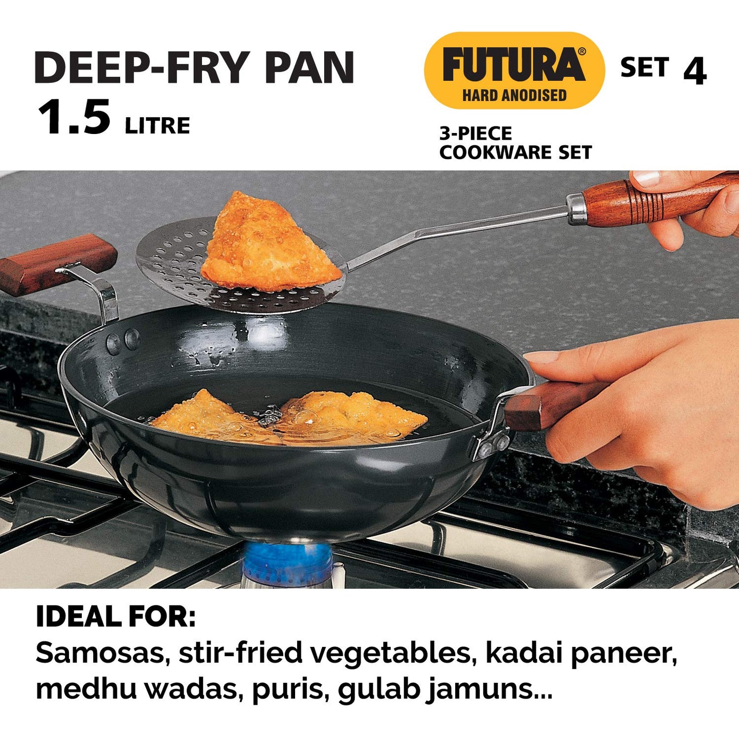 Hawkins Futura 3 Pieces Hard Anodised Cookware Set 4 - 22cm Tava, 2 Litres Cook and Serve Bowl with One Hard Anodised Lid and 1.5 Litres Deep Fry Pan - ASET4