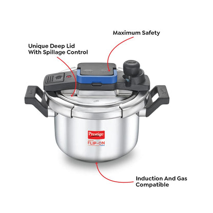 Prestige 5 Litres Svachh FLIP-ON Stainless Steel Tri-ply bottom Pressure Cooker with glass lid | Innovative lock lid with spillage control| Gas & Induction compatible| 5 years warranty - 20157