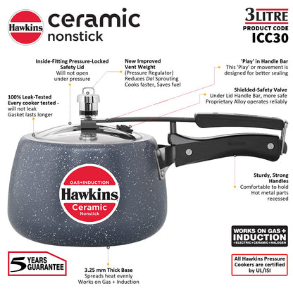 Hawkins Ceramic Nonstick 3 Litres Pressure Cooker, Induction Base Inner Lid Cooker, Granite Contura shaped Cooker - ICC30