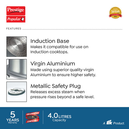Prestige Popular Plus Induction Base Outer Lid Aluminium Pressure Cooker 4 Litres - 10202