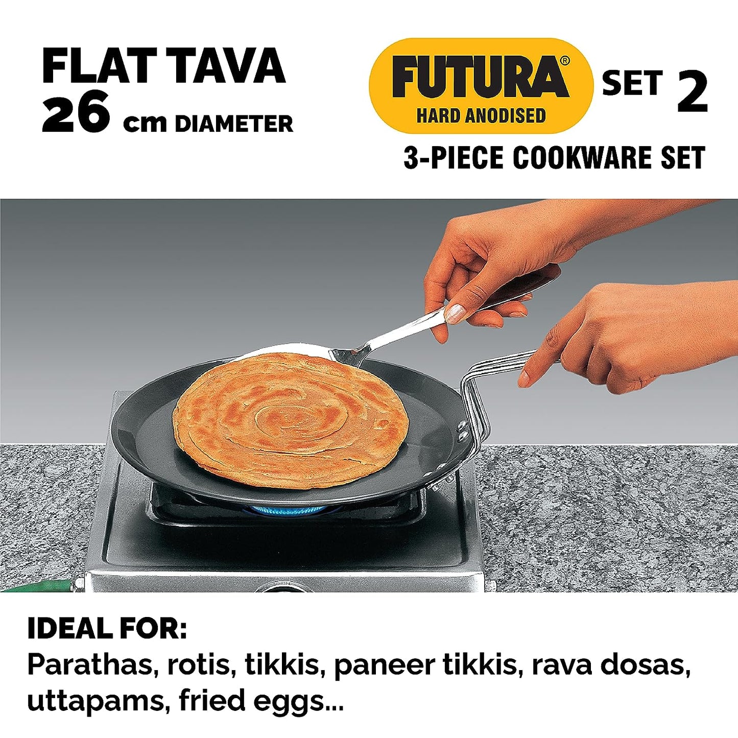 Hawkins Futura 3 Pieces Hard Anodised Cookware Set 2 - 26cm Tava, 25cm Frying Pan and 3.75 Litres Deep Fry Pan - ASET2