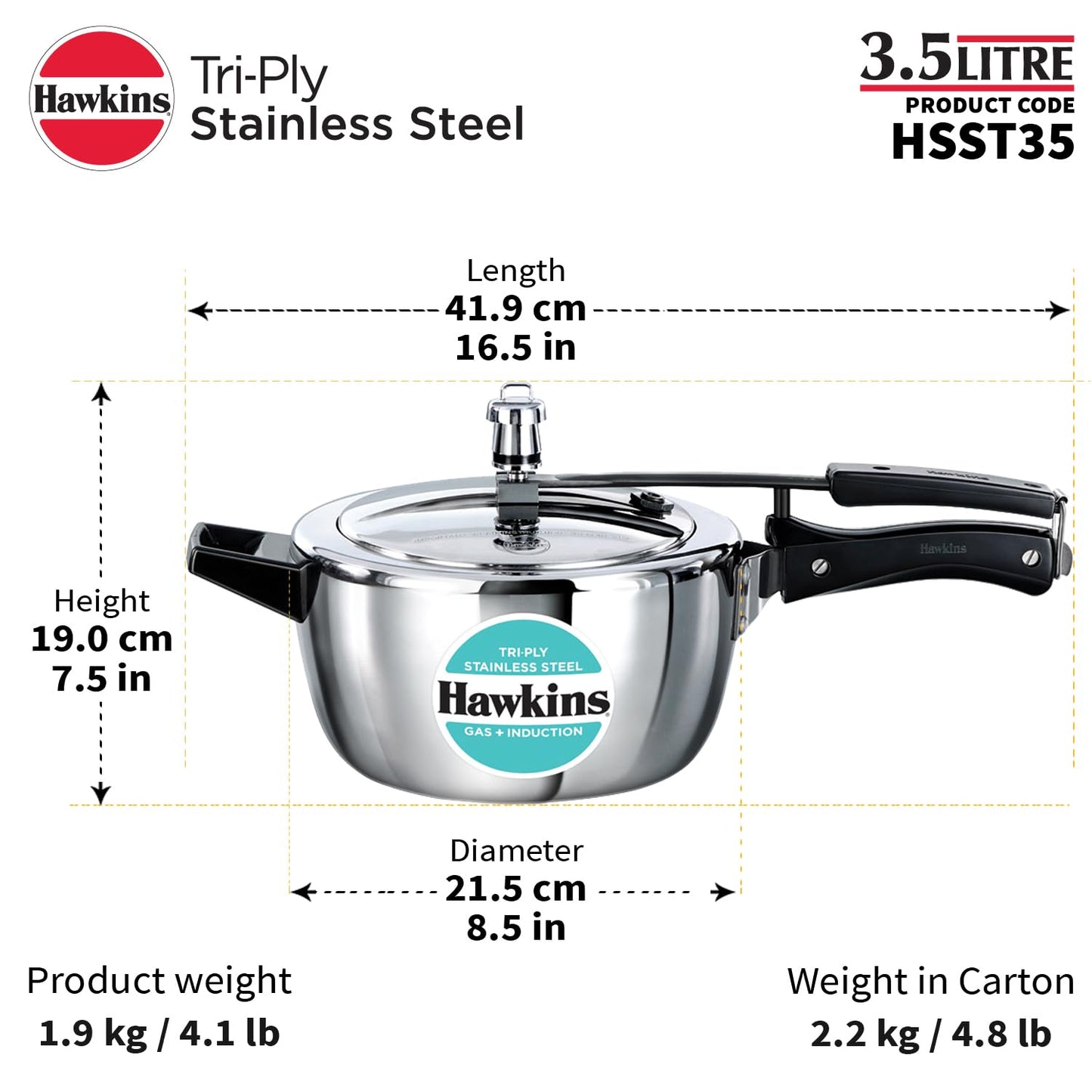 Hawkins 3.5 Litre Triply Stainless Steel Pressure Cooker, Inner Lid Cooker - HSST35