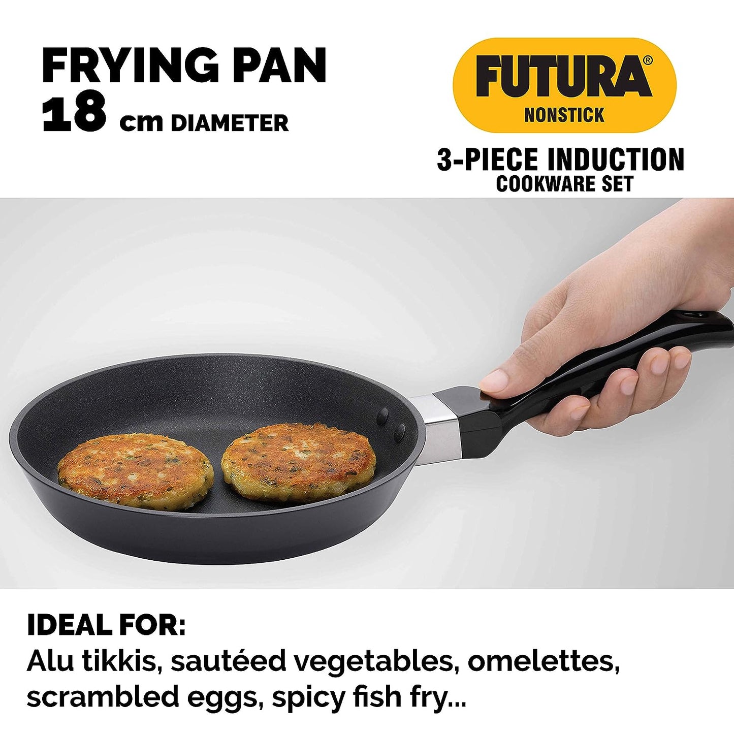 Hawkins Futura 3 Pieces Non Stick Cookware Set No.7 - 33cm Dosa Tava, 18cm Frying Pan, 2.5 Litres Kadhai and Two Stainless Steel Lids - NSET7