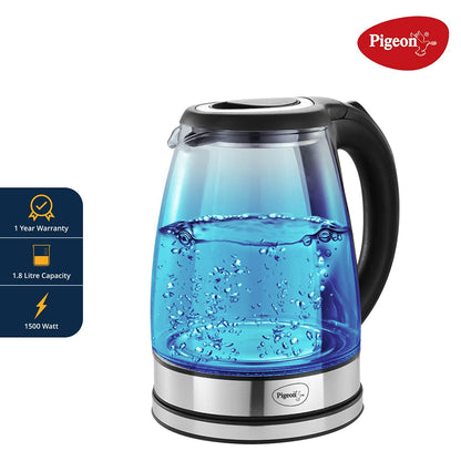 Pigeon by Stovekraft Crystal Glass Electric Kettle 1.8 Litre with LED Illumination, Heat Resistant Pyrex Clear Glass Body, 1500 Watts - 14323