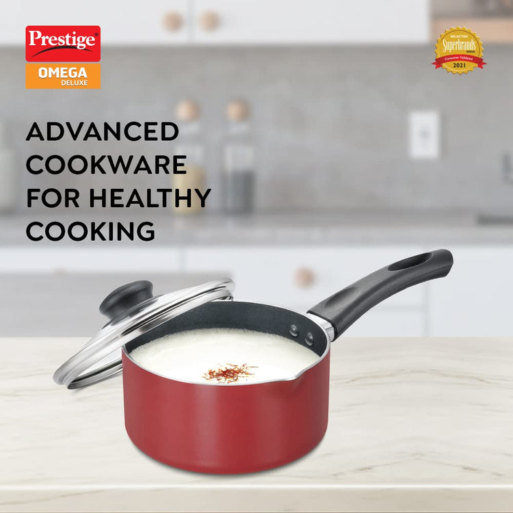 Prestige Omega Deluxe Aluminium Induction Base Non-Stick Milk Pan 160mm with Glass Lid, (Red) - 36728