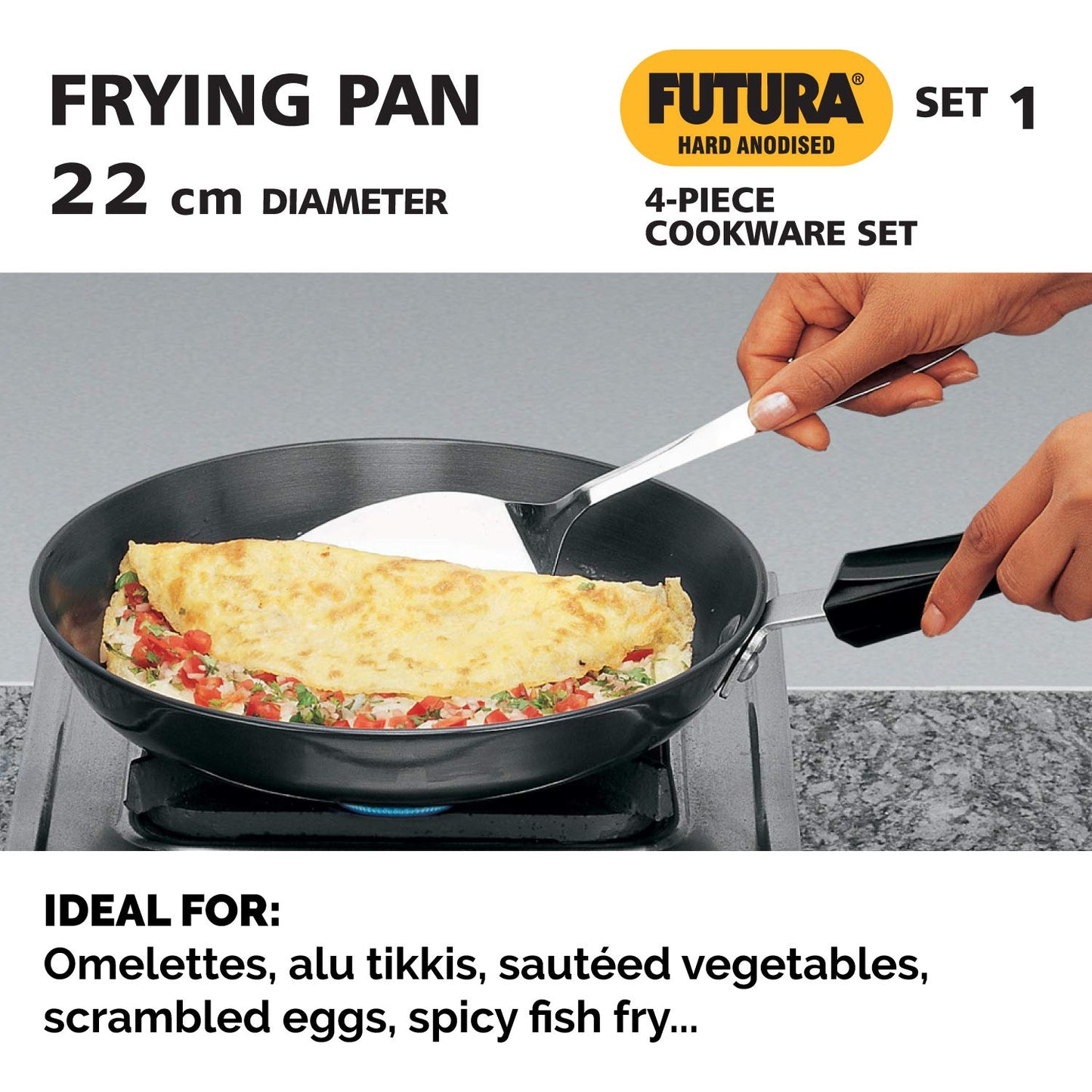 Hawkins Futura 4 Pieces Hard Anodised Cookware Set 1 - 26cm Tava, 22cm Frying Pan, 2.5 Litres Deep Fry Pan and 3 Litres Cook-n-Serve Bowl and One Hard Anodised Lid -ASET1