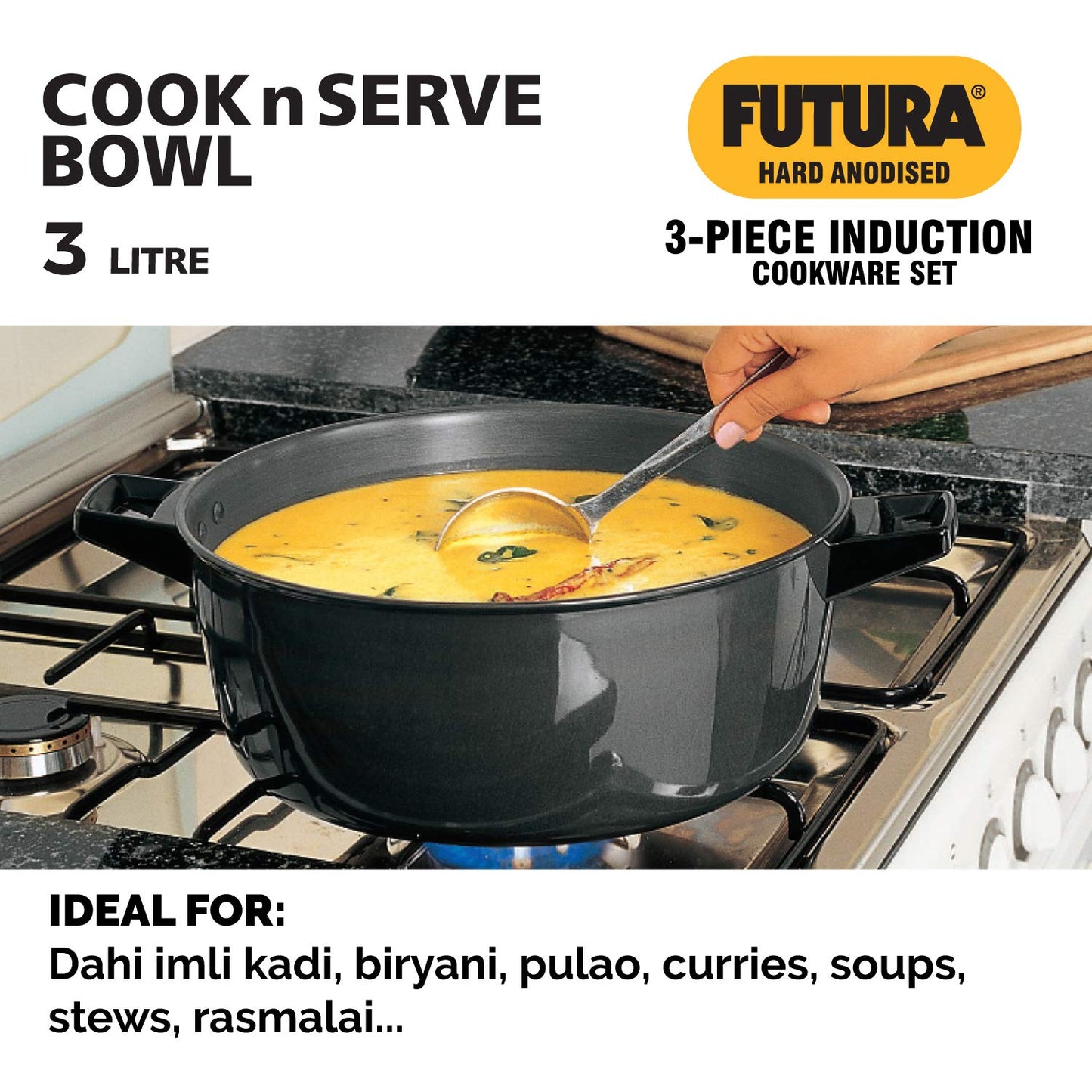 Hawkins Futura 4 Pieces Hard Anodised Induction Compatible Cookware Set 1 - 25cm Frying Pan With SS Lid, 2.5 Litres Deep Fry Pan With SS Lid and 3 Litres Cook-n-Serve Bowl with Hard Anodised Lid- IASET1