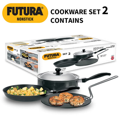 Hawkins Futura 3 Pieces Non Stick Cookware Set No. 2 - 26cm Tava, 26cm Frying Pan and 3.25 Litres Curry Pan with One Stainless Steel Lid - NSET2