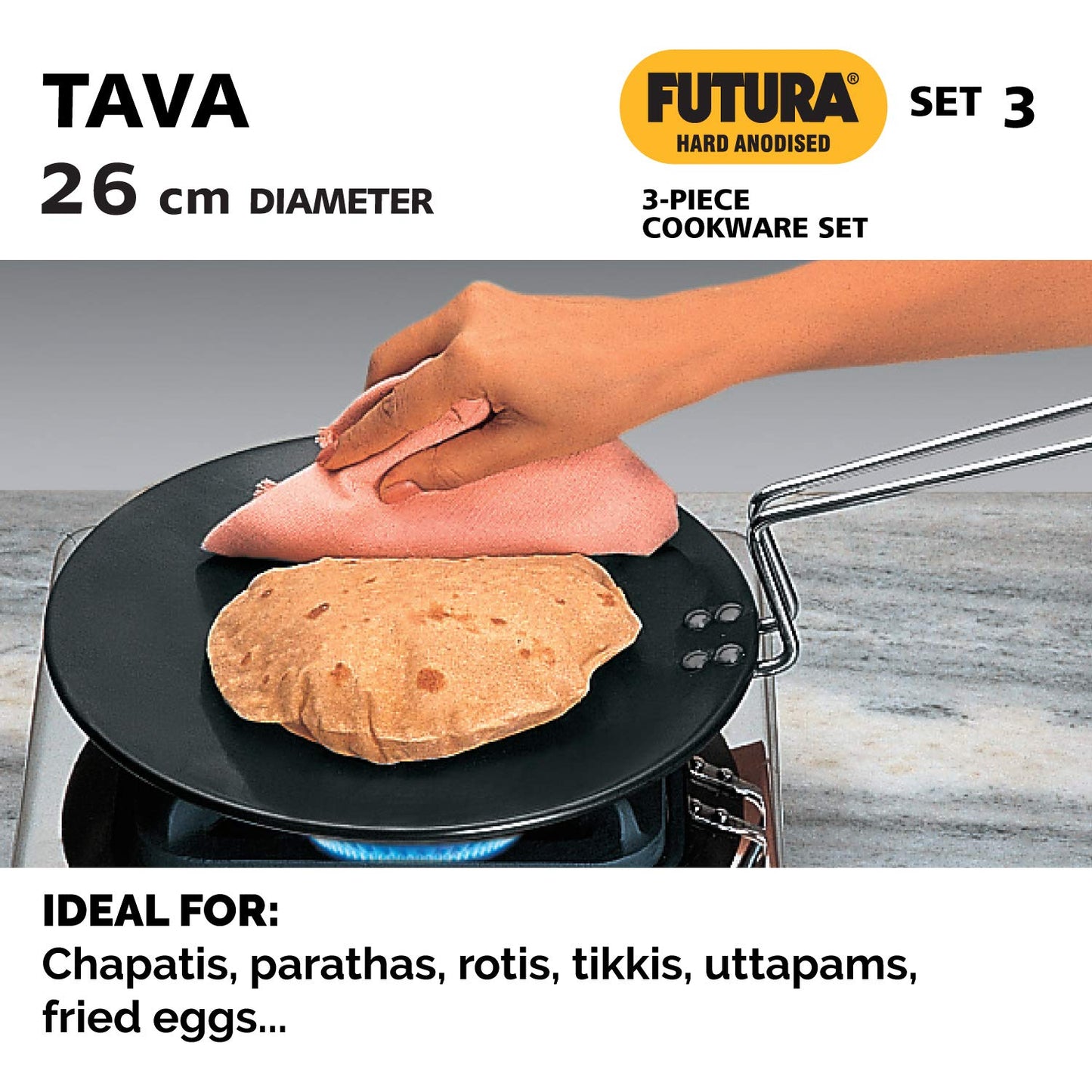 Hawkins Futura 3 Pieces Hard Anodised Cookware Set 3 - 26cm Tava, 3 Litres Handi Sauce Pan With One Hard Anodised Lid and 2.5 Litres Deep Fry Pan With SS Lid - ASET3