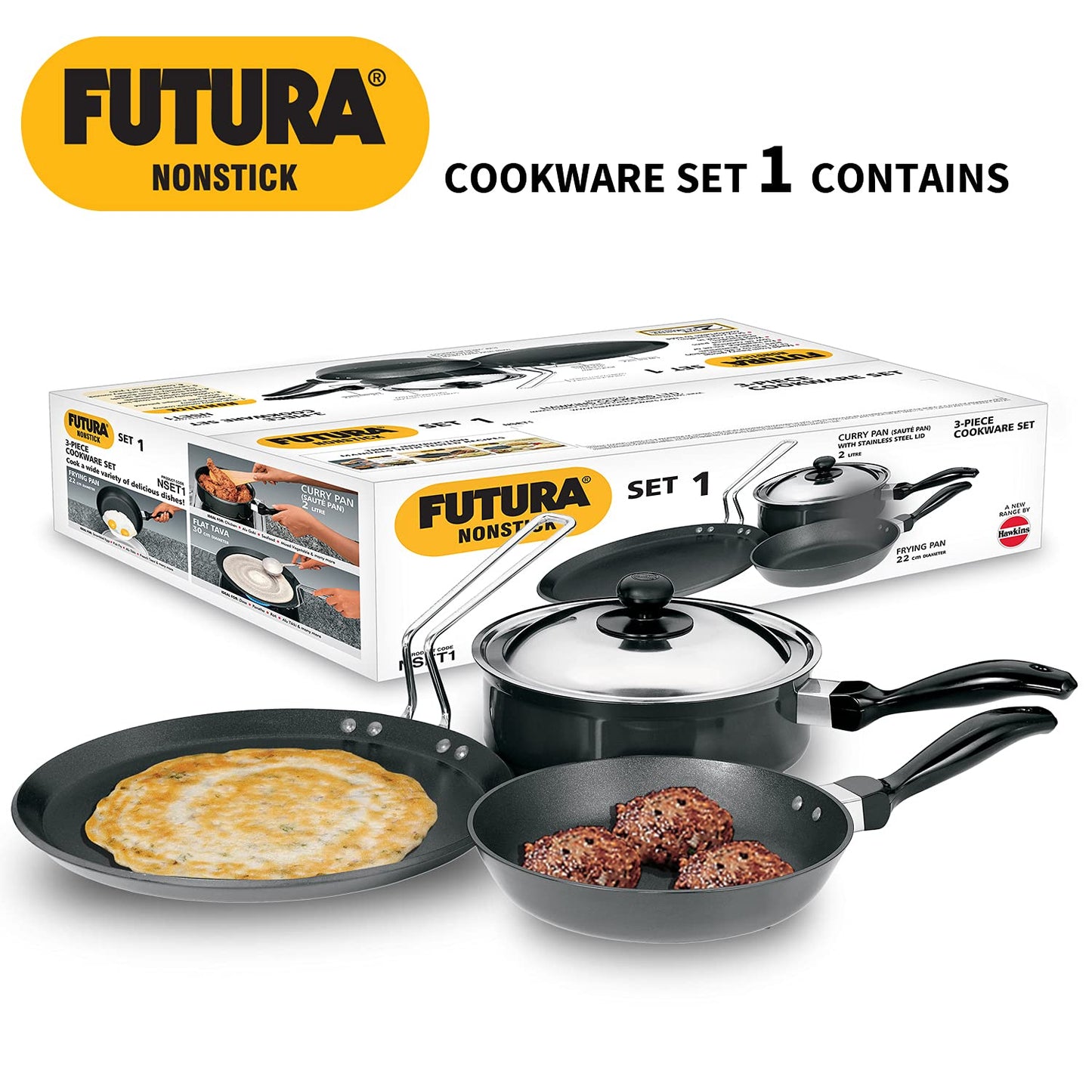 Hawkins Futura 3 Pieces Non Stick Cookware Set 1 - 30cm Flat Tava, 22cm Frying Pan and 2 Litres Curry Pan with One Stainless Steel Lid - NSET1