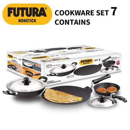 Hawkins Futura 3 Pieces Non Stick Cookware Set No.7 - 33cm Dosa Tava, 18cm Frying Pan, 2.5 Litres Kadhai and Two Stainless Steel Lids - NSET7