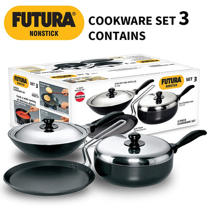 Hawkins Futura 3 Pieces Non Stick Cookware Set No. 3 - 26cm Flat Tava, 2.5 Litres All Purpose Pan and 2 Litres Stir Fry Pan with One Stainless Steel Lid - NSET3