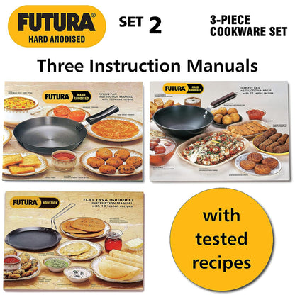 Hawkins Futura 3 Pieces Hard Anodised Cookware Set 2 - 26cm Tava, 25cm Frying Pan and 3.75 Litres Deep Fry Pan - ASET2