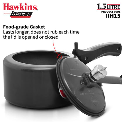 Hawkins Instaa 1.5 Litres Hard Anodised Pressure Cooker, Induction Base Inner Lid Cooker, Black - IIH15