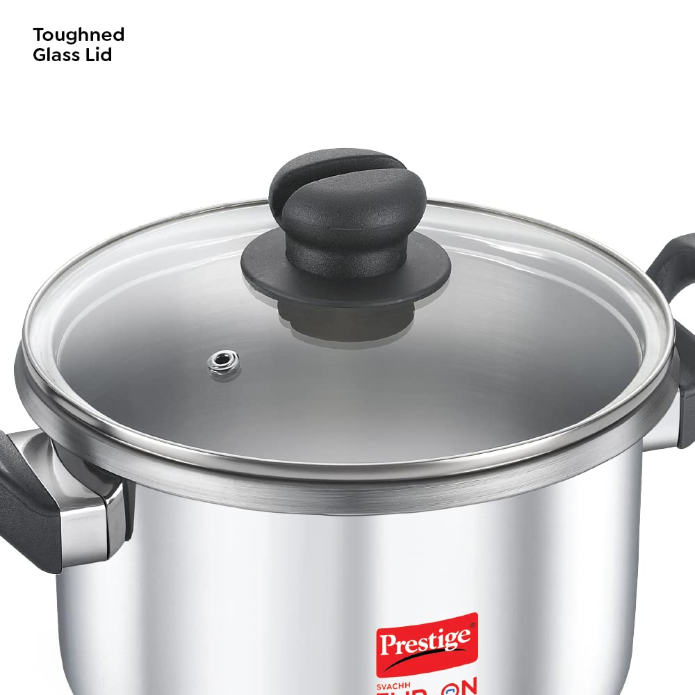 Prestige 5 Litres Svachh FLIP-ON Stainless Steel Tri-ply bottom Pressure Cooker with glass lid | Innovative lock lid with spillage control| Gas & Induction compatible| 5 years warranty - 20157