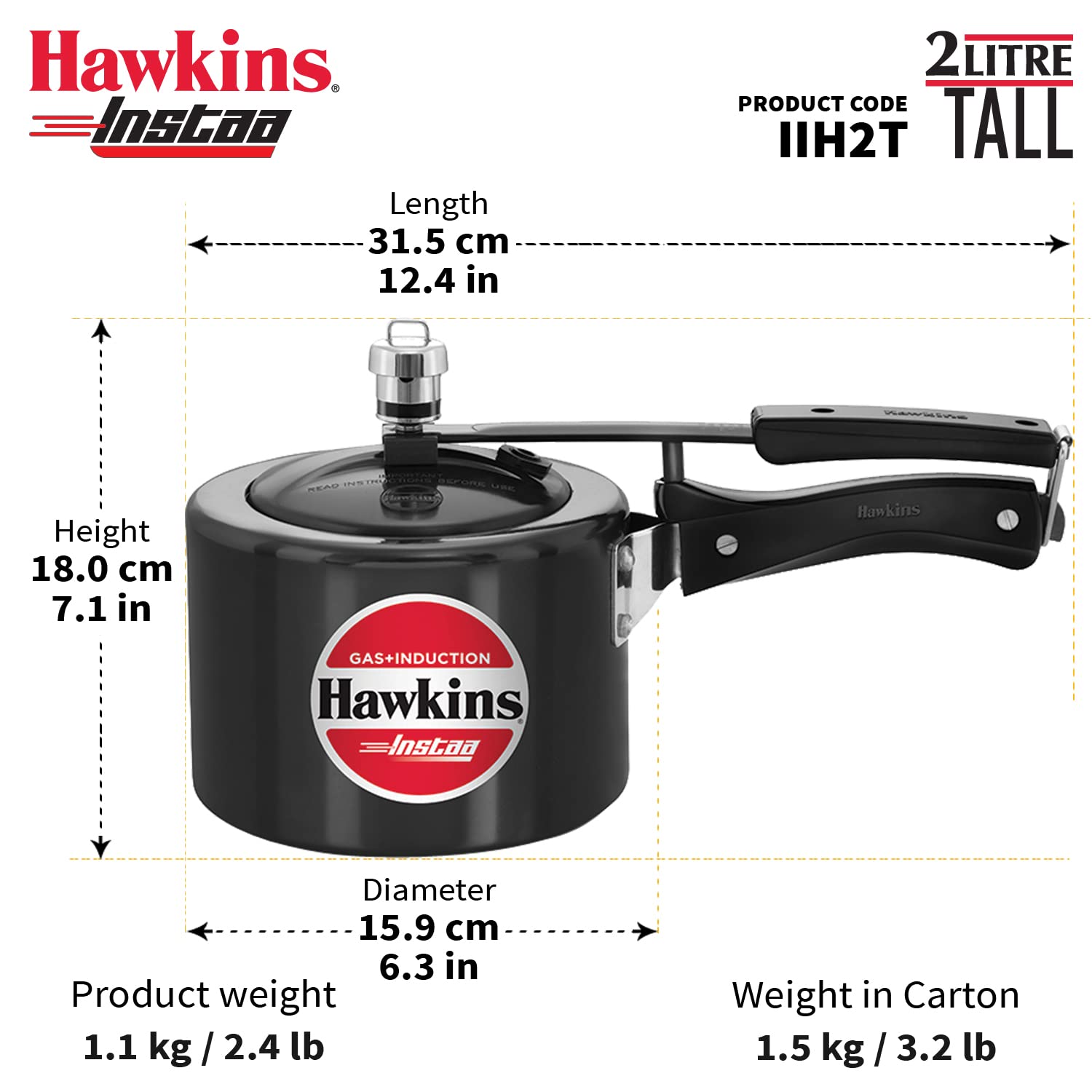 Hawkins Instaa Litres Hard Anodised Pressure Cooker, Induction Base Inner Lid Cooker, Black IIH2T