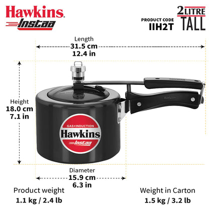 Hawkins Instaa 2 Litres Hard Anodised Pressure Cooker, Induction Base Inner Lid Cooker, Black - IIH2T