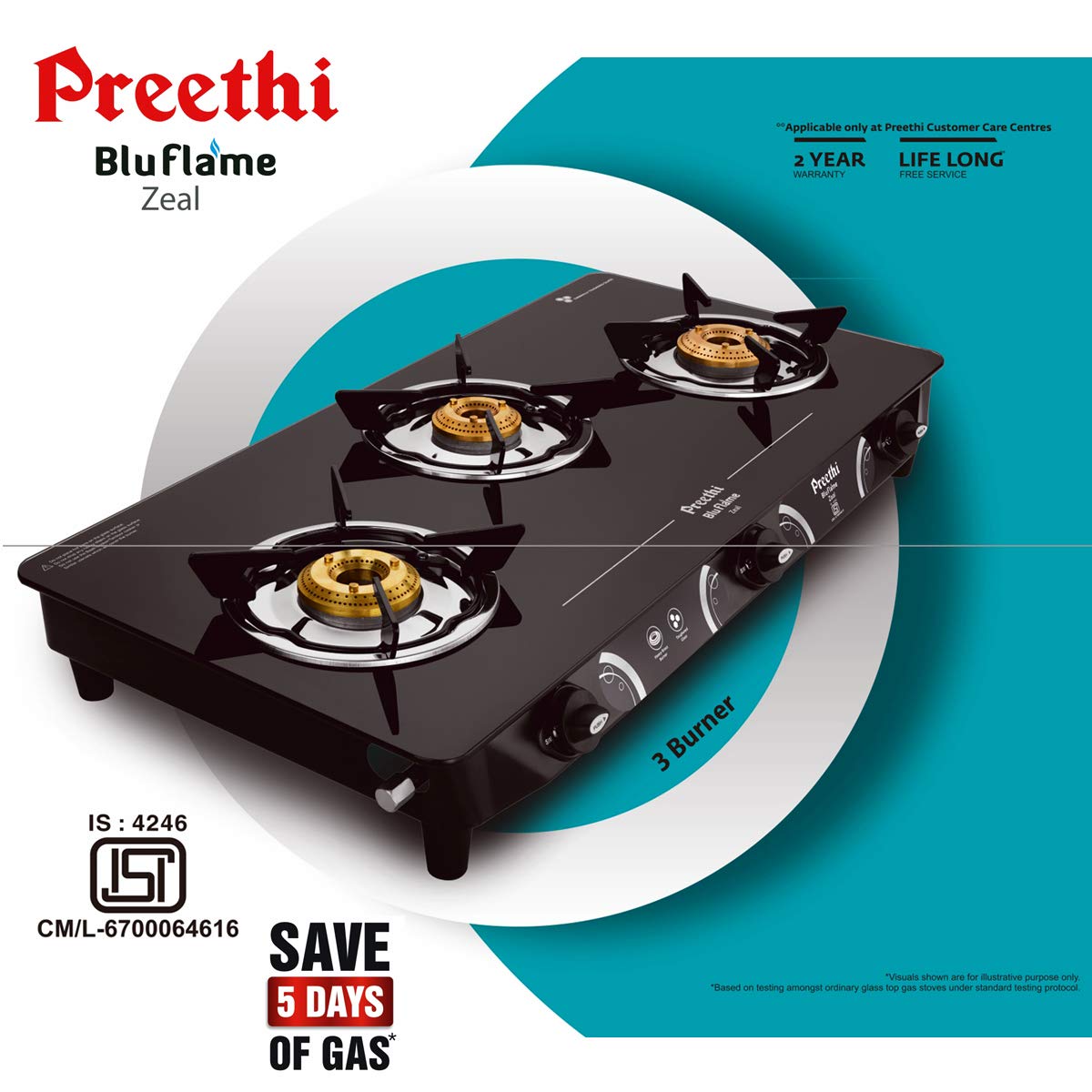 Preethi Zeal 3 Burner Glass top Gas stove, Manual Ignition - GTS 124