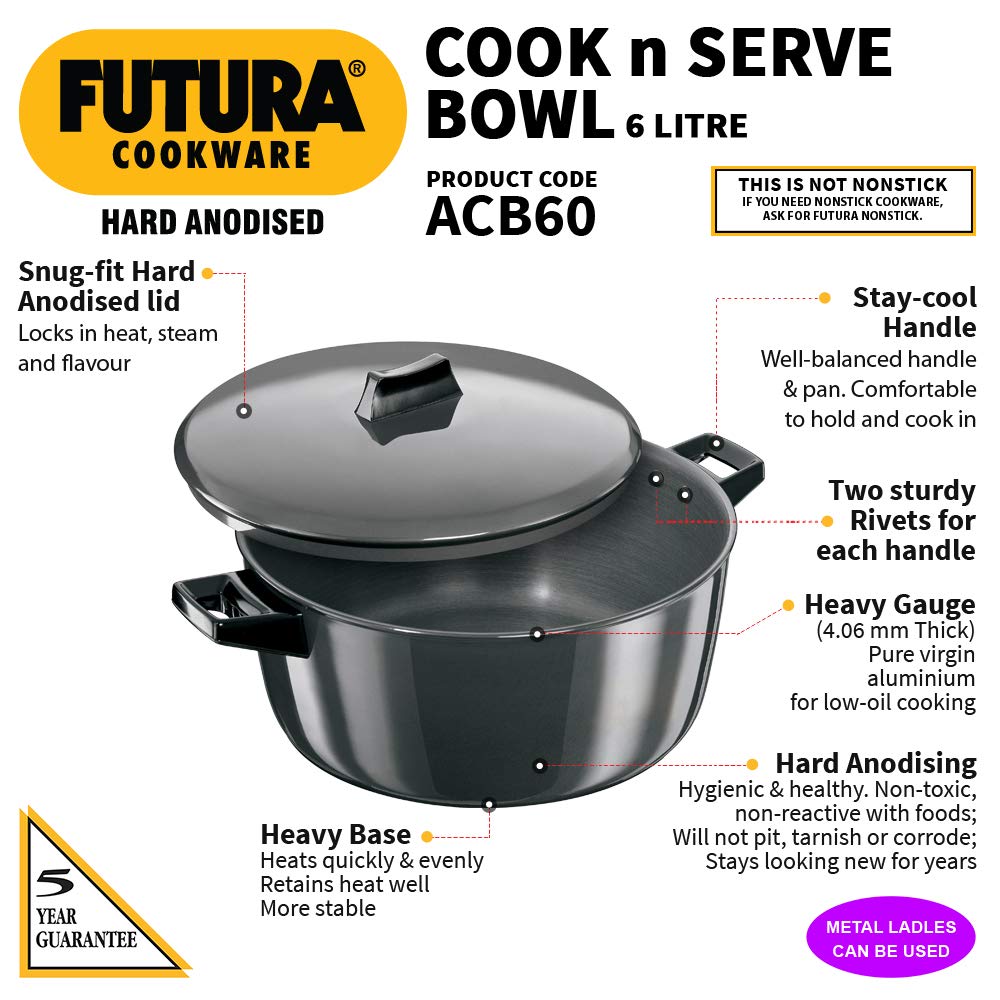 Hawkins Futura Hard anodised Cook and Serve Bowl | Casserole 6 Litres | 28 cms, 4.06mm - ACB 60