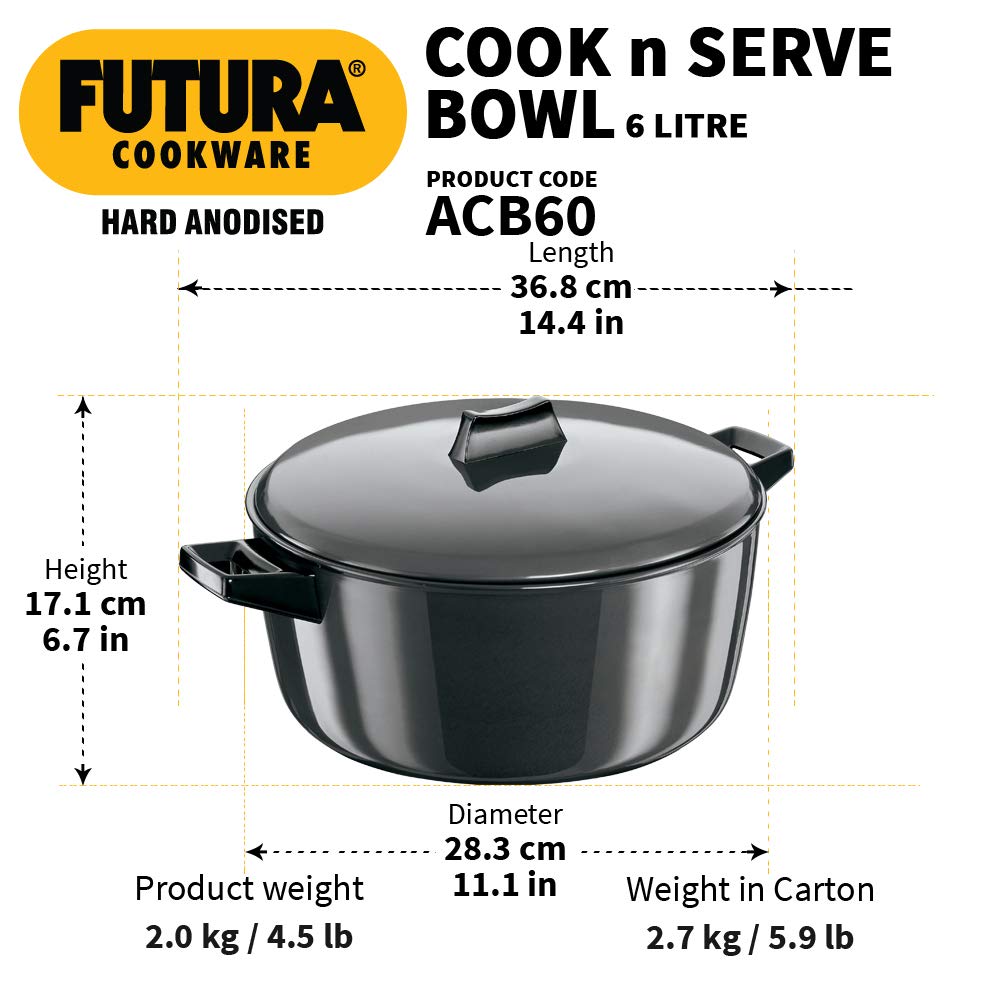 Hawkins Futura Hard anodised Cook and Serve Bowl | Casserole 6 Litres | 28 cms, 4.06mm - ACB 60