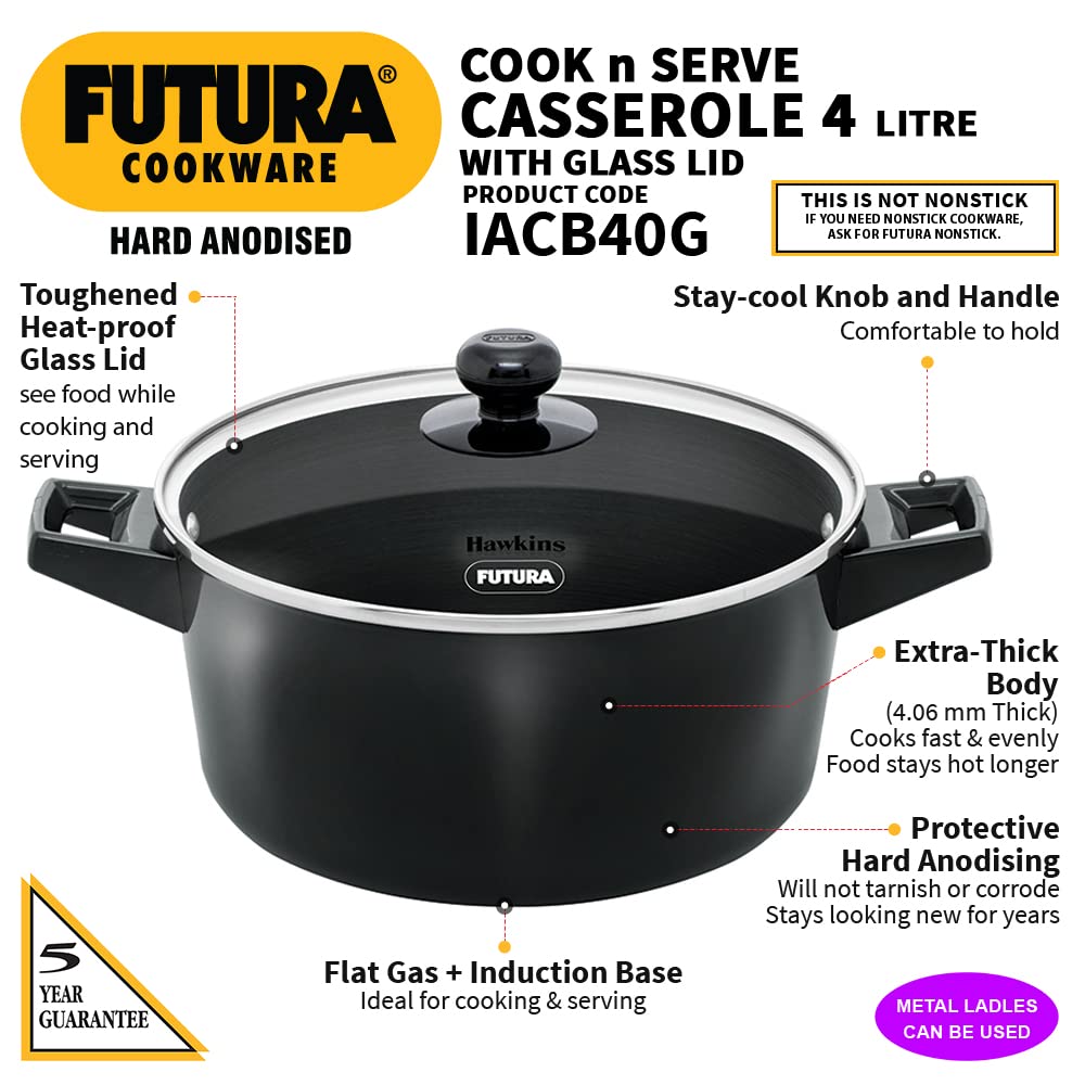 Hawkins Futura Hard anodised Cook and Serve Bowl | Casserole With Glass Lid 4 Litres | 24 cms, 4.06mm Induction Base- IACB 40G