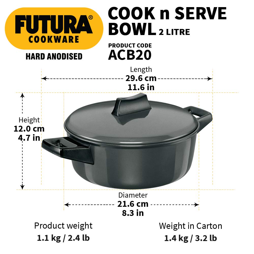 Hawkins Futura Hard anodised Cook and Serve Bowl | Casserole 2 Litre | 20 cms, 4.06mm -ACB20