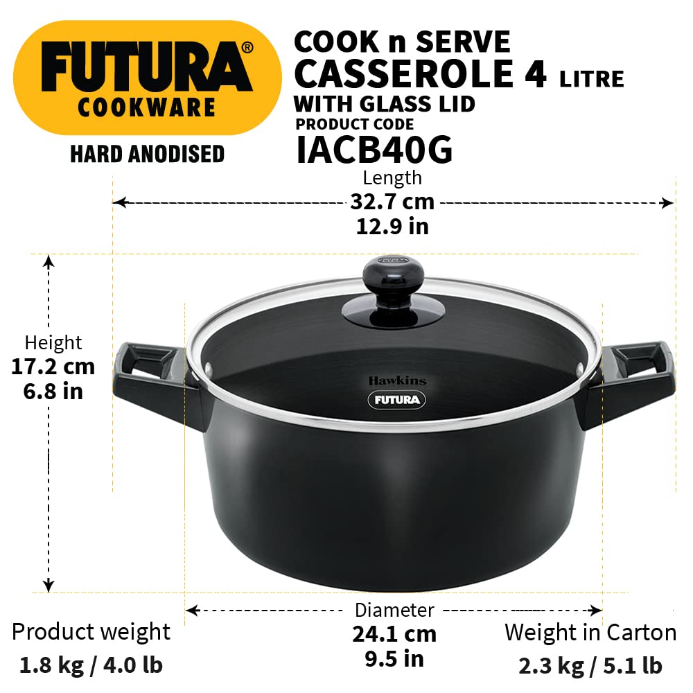 Hawkins Futura Hard anodised Cook and Serve Bowl | Casserole With Glass Lid 4 Litres | 24 cms, 4.06mm Induction Base- IACB 40G