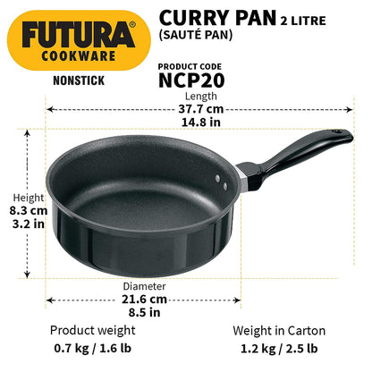 Hawkins Futura Nonstick Curry Pan (Saute Pan) 2 Litres | 20 cm, 3.25 mm - NCP 20