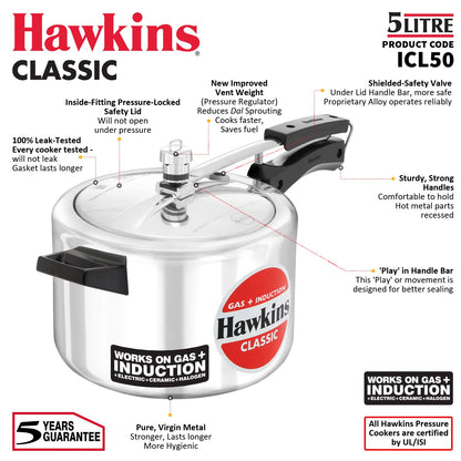 Hawkins Classic 5 Litres Induction Base Aluminium Inner Lid Pressure Cooker - ICL50