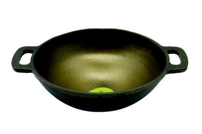 eKitchen ButterMold Pre-Seasoned Cast Iron Deep Kadhai | Wok 10.5 inches | 2.74 kgs | with Toughened Glass Lid