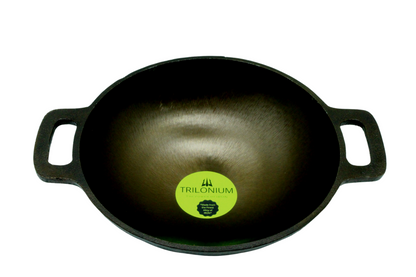 eKitchen ButterMold Pre-Seasoned Cast Iron Deep Kadhai | Wok 10.5 inches | 2.74 kgs | with Toughened Glass Lid