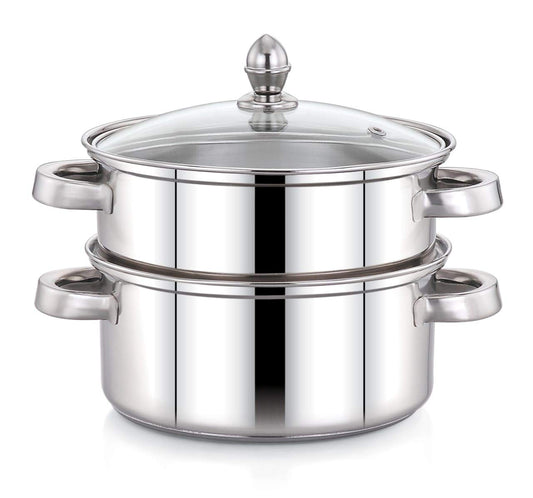 Pigeon Elantra Stainless Steel 2 Tier Steamer Pot Set with Glass Lid | Pasta Steamer Momo/Modak Maker | Vegetable Steamer | Rice Steamer 20 cm | Induction and Gas Stove Compatible - 50313