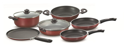 Prestige Omega Deluxe Induction Base Non-Stick Kitchen Set, 6-Pieces, Red ( Omni Tawa- 250 mm, Fry Pan - 240 & 260 mm, Multi Pan 260 mm with Lid, Sauce Pan 240 mm with Lid, Kadai 260 mm )- 30742