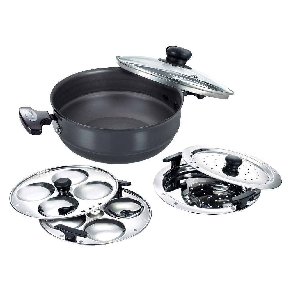 Prestige Hard Anodised Multi-Kadai with Glass Lid 220mm (Dhokla Plate, Patra Plate, Idli Plates) - 30610