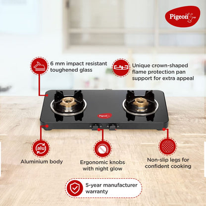 Pigeon Sleek 2 Burner Ultra Slim Gas Stove with Glass Top, Manual I?gnition - 14763