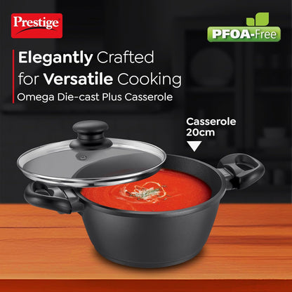 Prestige Omega Die-Cast Plus Aluminium Non-Stick Casserole 20 Cms with Glass Lid - 30542